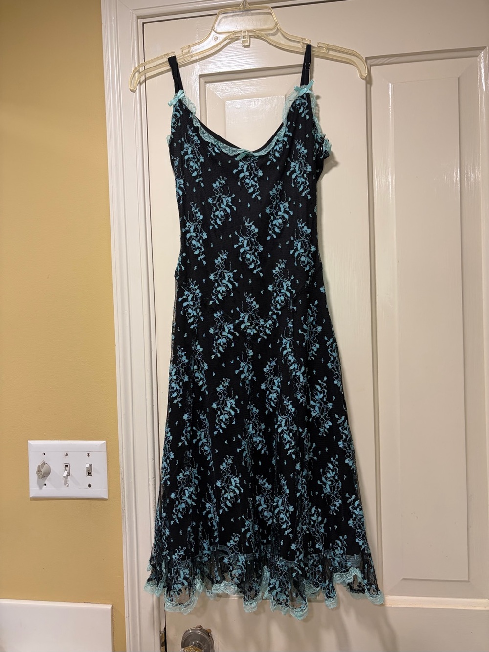 Betsy Johnson Black and Teal Lace Trim Slip Dress